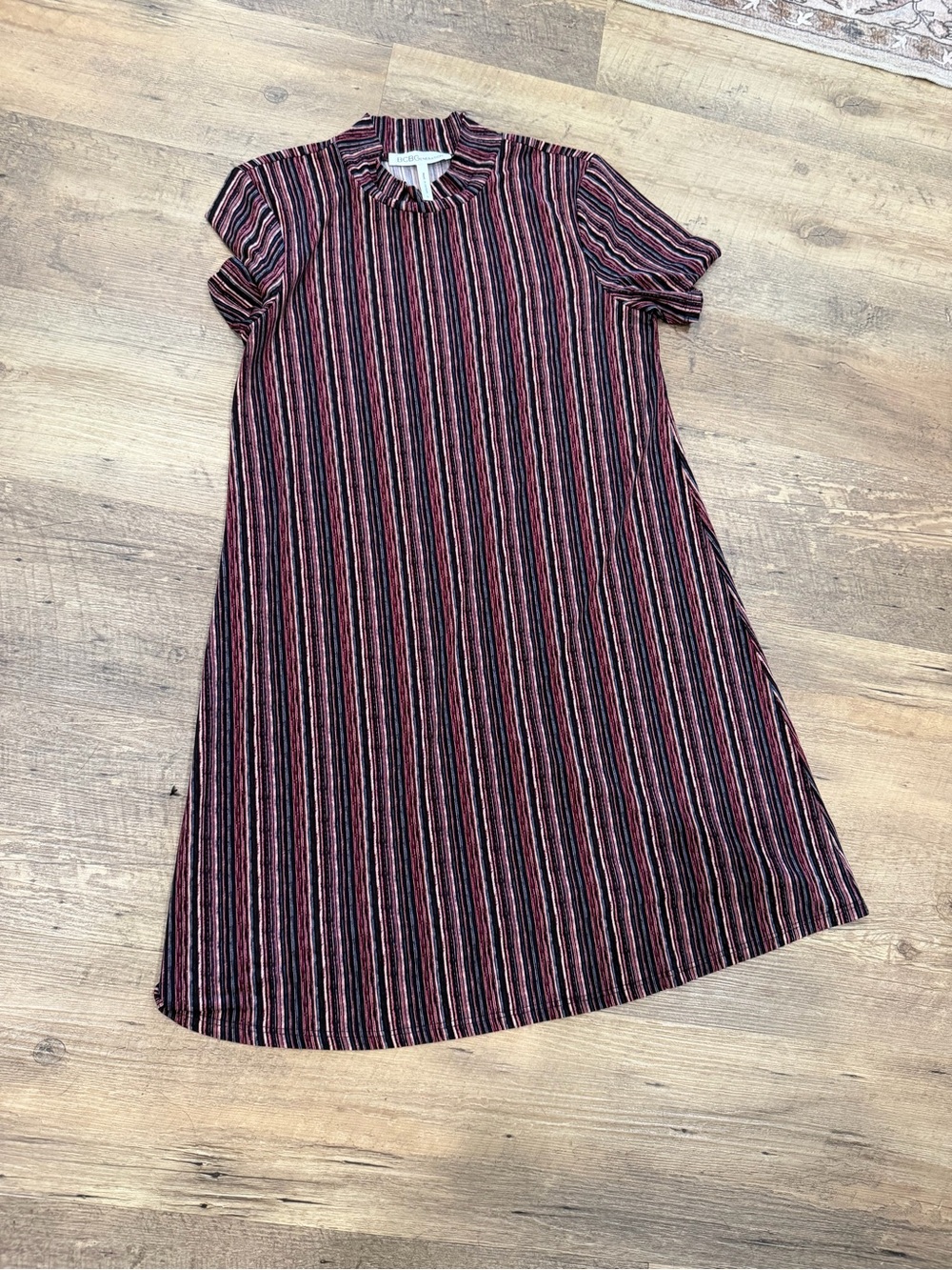 BCBGeneration Striped Mock Neck dress in Burgundy, Pink and Black small
